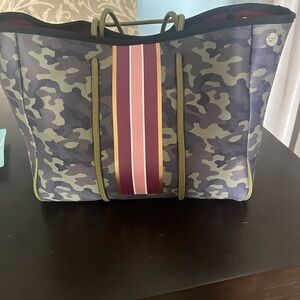 Camouflage Neoprene Unisex Tote Bag with Red Stripe